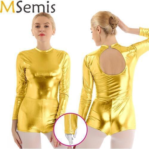 Womens Adult Ballerina Dance Costumes Biketard Shiny Metallic Dancewear Keyhole Back Gymnastics Leotard Turnpakje Dance Bodysuit