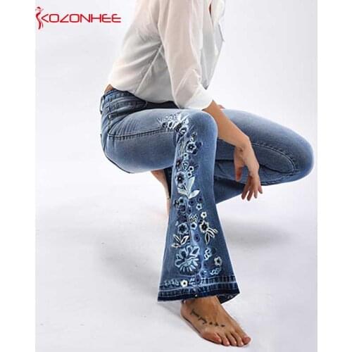 Embroidery Stretching Flare Jeans Women Elasticity Bell-Bottoms Jeans For Girls Light Blue Trousers women Jeans Large Size #72