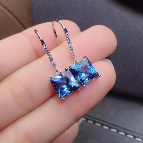 Attractive blue topaz dangling earrings for women jewelry fine ornament hook earring natural gem girl party gift real 925 silver