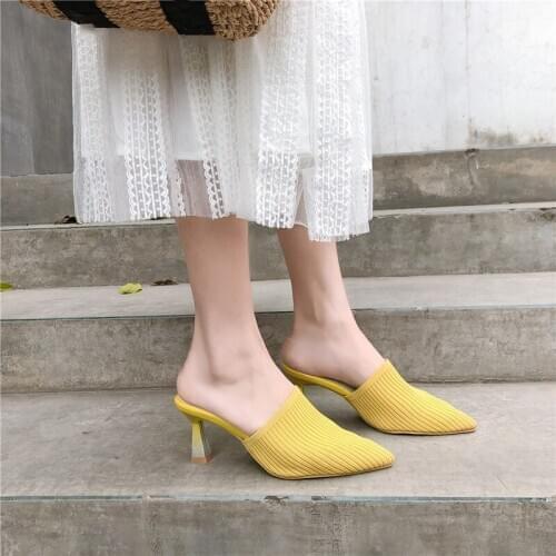 YMECHIC Fashion Summer 2019 Knitting Stretch Date Party Ladies Shoes Strange High Sexy Heels Pumps Yellow Black Mules Plus Size