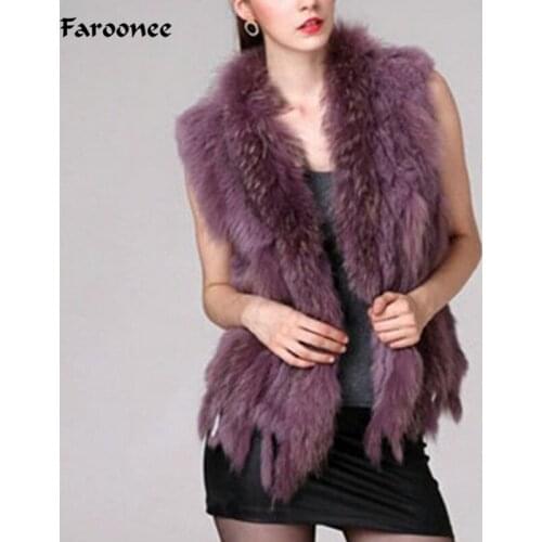 Faroonee Womens Rabbit Faux Fur Vest With Raccoon Fur Collar Sleeveless Winter Soft Waistcoat Hairy Fur Jacket Coat Outwear