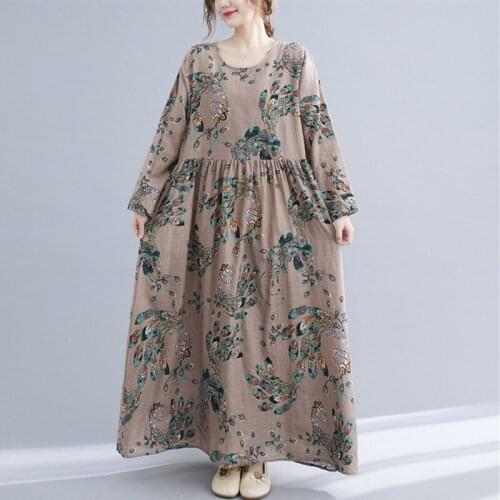 2021 New Arrival Long Sleeve Vintage Autumn Dress Cotton Linen Plus Size Loose Women Casual Spring Dress Office Lady Work Dress