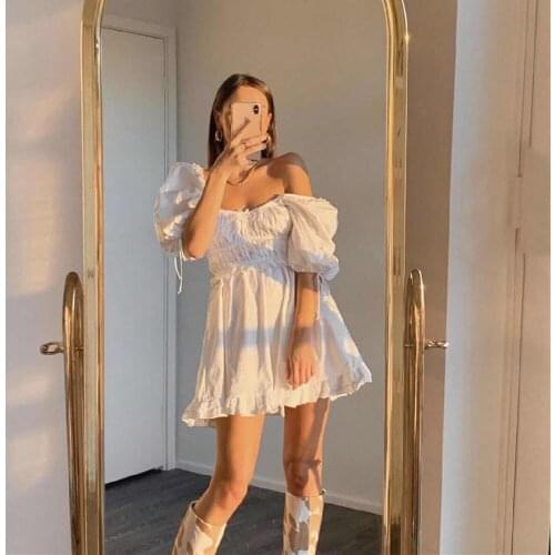 Women Casual Dress Solid Color Square Neck Short Sleeve High Waist One-Piece For Summer White Simple And Stylish Soft S/ M / L