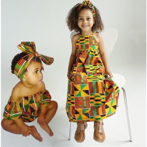 Girls African Clothing Children Bazin Riche Dashiki Fashion Cute Dresses Striped Printed Rompers for Baby with Headband