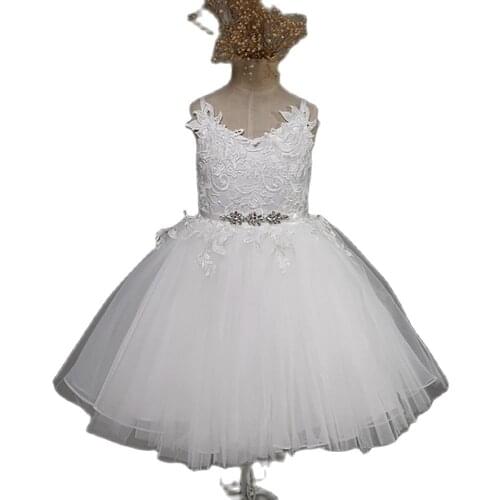White Lace Flower Girl Dresses Vneck Sash Tulle Pageant First Communion Dresses Prom Ball Gown Princess Baby Girl Party Dresses