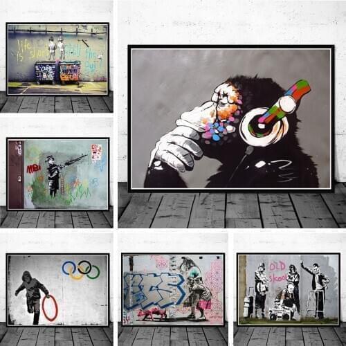 Banksy Street Graffiti Collage Monkey Canvas Painting Poster and Print Nordic Style Wall Art Pictures for Living Room Home Decor