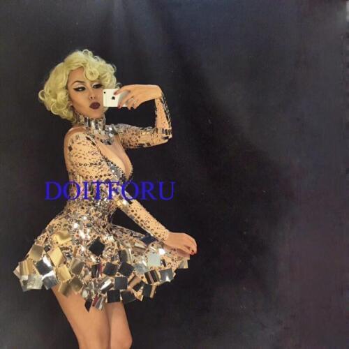 Shining Silver Mirrors Stone Dress Female Singer Dancer Bright Bodysuit Costume One-piece Nightclub Dress Oufit Party Dresses