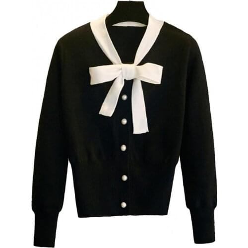 Ele-Choices 2021 Autumn Women Long Sleeve Neck Tie Bowknot Knit Blouse Buttons Sweater Pullover