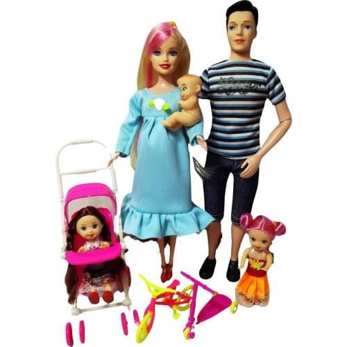 Toys Family 5 People Dolls Suits 1 Mom /1 Dad /2 Little Kelly Girl /1 Baby Son/1 Baby Carriage Real Pregnant Doll Gifts,YF-88