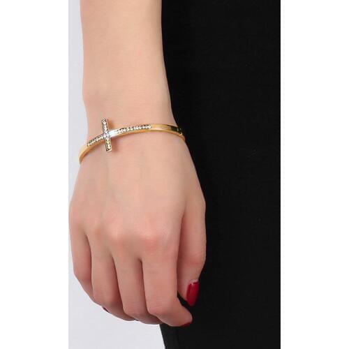 ISINYEE Trendy Crystal Cross Open Bangle For Women Men Stainless Steel Bracelet Manchette Religious Catholic Jewelry Gifts