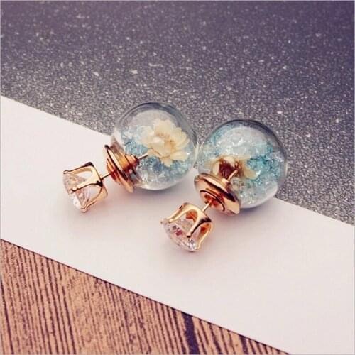 Korean Style Small Fresh Dried Flower Glass Ball Rhinestone Earrings Crystal Ball Fairy Temperament New Korean Style Earrings