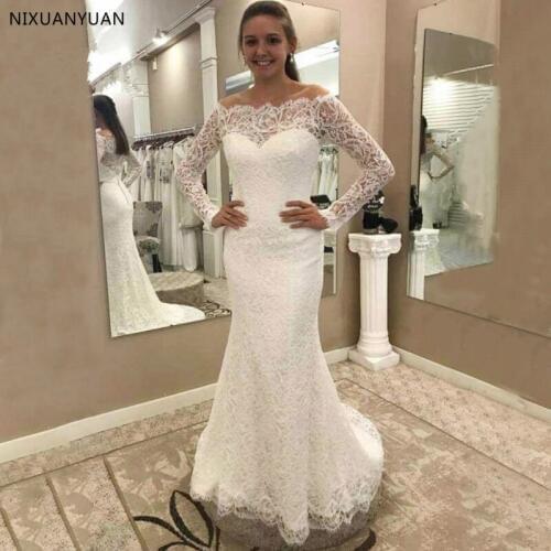 Boat Neck Lace Wedding Dresses Zipper Back Sheath Long Sleeves Sweep Train Bridal Dress Vestido De Noiva