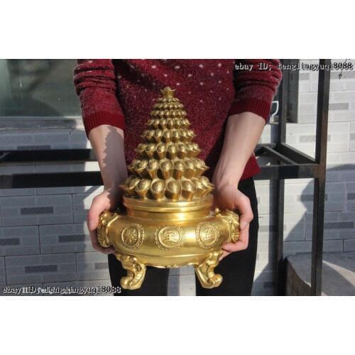 14'Chinese Folk Wealth Brass Copper Yuan Bao treasure bowl Incense Burner Censer