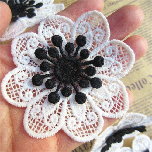10x White and Black Cotton Flower Embroidered Fabric Lace Edge Trim Applique Ribbon DIY Sewing Supplies Craft Decoration 7cmx7cm