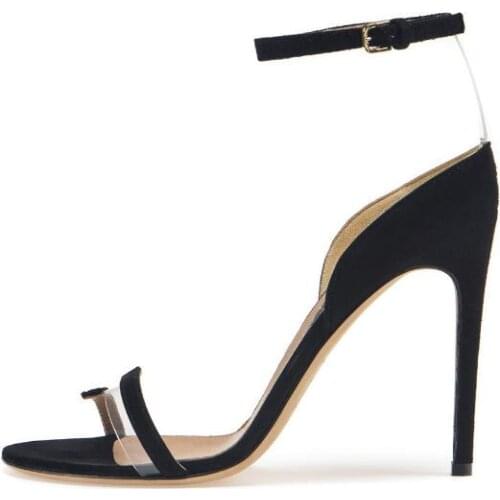 Linamong New Fashion Woman Black Nude Sliver PVC Suede Patchwork Sandals Ladys One Line Buckle Party High Heel Sandals Shoes