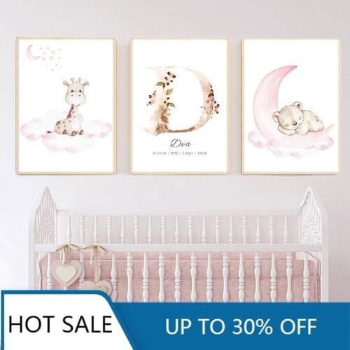 Moon Cloud Wall Art Canvas Painting Custom Name Posters Deer Bear Print Nursery Nordic Wall Picture Pink Girls Kids Room Decor
