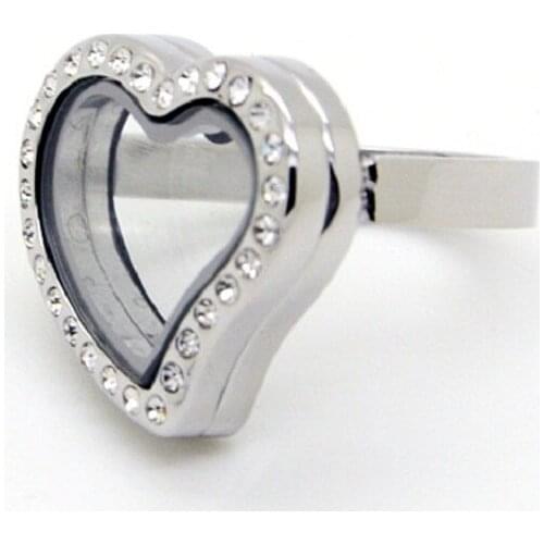 Heart Silver Stainless Steel Floating Locket Ring With Rhinestones Glass Living Locket Ring 10pcs