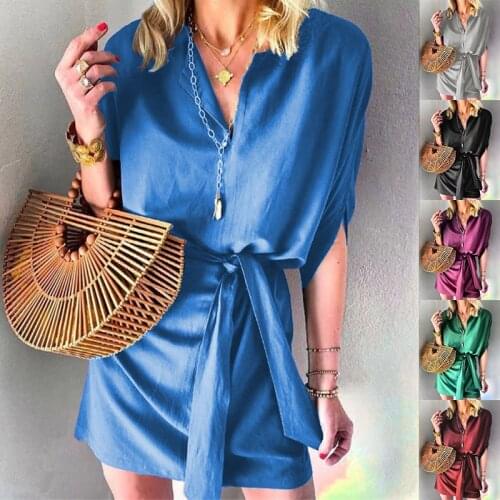 Summer New Half Sleeve V Neck Dress Fashion Belt Solid Color Short Skirt Office Lady Commuter Skirts Elegant Mid Dress Une Robe