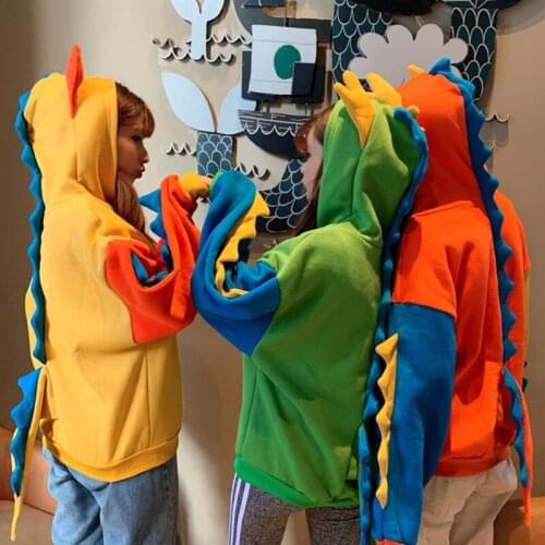 Kawaii Dinosaur Splice Hoodies Color Block Cosplay Long Sleeve Sweatshirt Tops