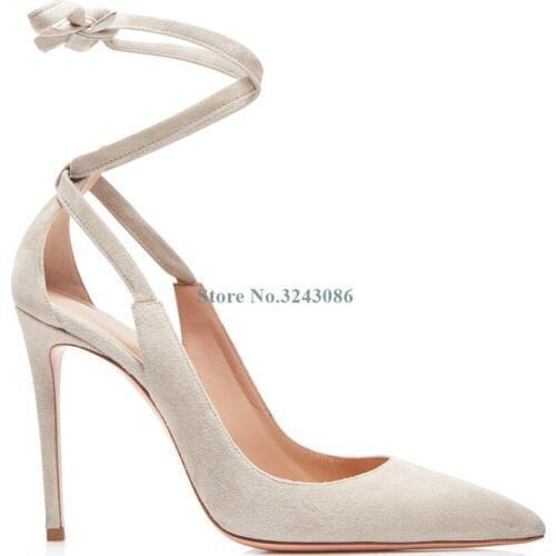 Off White Suede Lace Up Thin High Heel Shoes Red Black Flock Pointed Toe Ankle Strap Stiletto Heel Pumps Casual Women Shoes