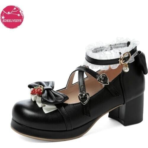 JK Uniform Cosplay Shoes College Student Pretty Girls Lolita Pumps PU Leather Strawberry Bowknot Ankle-Strap Mary Janes Style