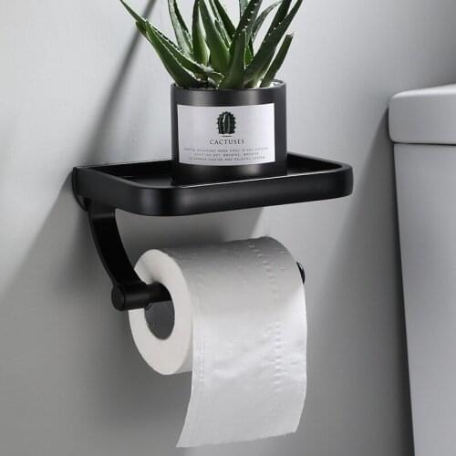 Space Aluminum Black Thickened Bathroom Phone Holder Free Punch Toilet Roll Holder Tissue Box Rack