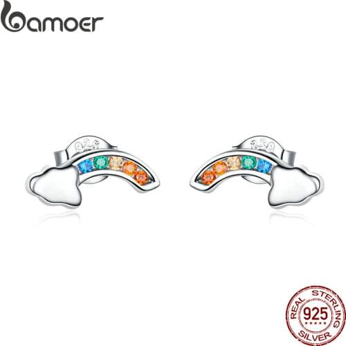 BAMOER 2019 New Authentic 925 Sterling Silver Colorful Rainbow and Cloud Stud Earrings for Women Korean Ear Jewelry SCE500