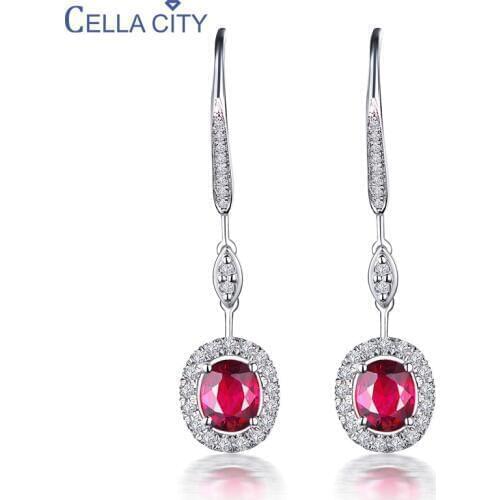 Cellacity Simple Geometry Silver 925 Jewelry Gemstones Earrings for Women Oval Ruby Emerald Sapphire Female Long Ear drops Party