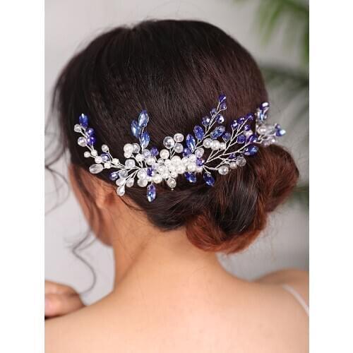 Fashion Blue Wedding Headdress Rhinestones Hair comb Crystal Headwear Banquet party Prom Fascinators Bridal Hairpiece for women