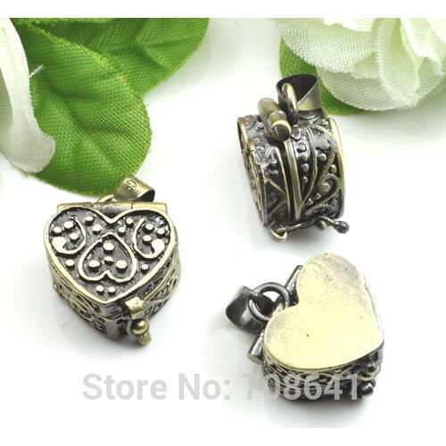 5pcs Antiqued Bronze Brass Love Heart Wish Prayer Box Photo Frame Locket Pendant