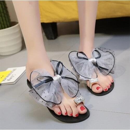 2021 Sweet Bowtie Lace Floral Women Flats Slippers Fashion Crystal Rhinestone Girls Slides Outdoor Beach Shoes Plus Size 42