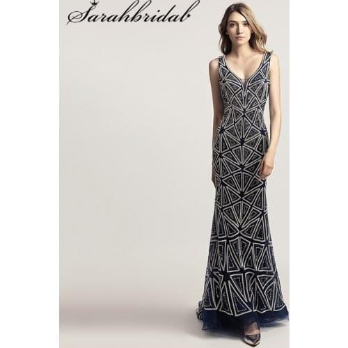 Sparkle Women Prom Dresses V Neck Sleeveless Natural Floor Length Evening Gowns Beaded Backless Mermaid Robe De Soiree LX423