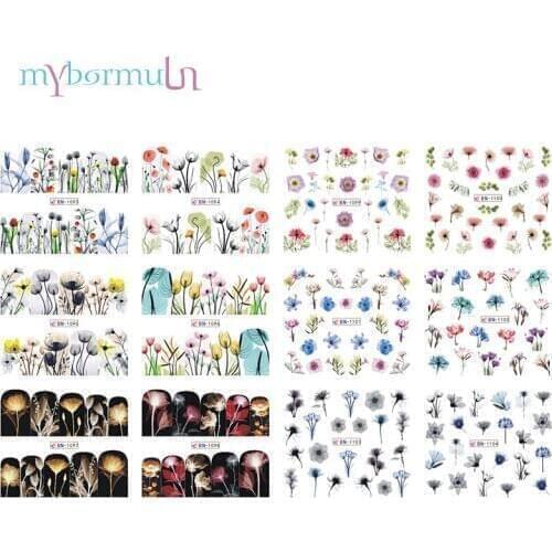 12 Designs Blossom Colorful Flower Rose Valentine Water Full Wraps Decals Nail Art Sticker Water Beauty for Decor BN1093-1104