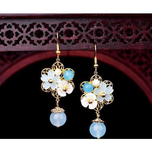 Chalcedony Flowers Drop Earrings Charm Jewelry Hetian Jade Agate 925 Silver Natural Carved Amulet Gifts for Her Women
