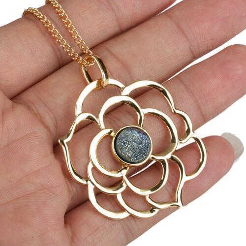 Dankaishi Flower Pendant Natural Stone Druzy Rhinestone Metal Flower Shape Pendants for Jewelry Making Style Accessories Gift