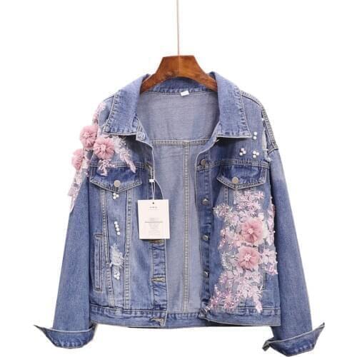 Spring Autumn Womens Harajuku Denim Jacket Coat Hand Beaded Flower Embroidery Short Jean Jackets Female Basic Coats Outfit Y26
