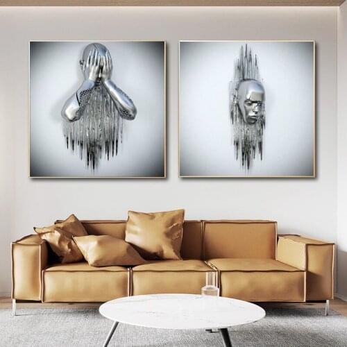 Canvas Painting Abstract Metal Figure Statue Wall Art Sculpture Poster Print Wall Picture for Room Home Interior Decor Cuadros