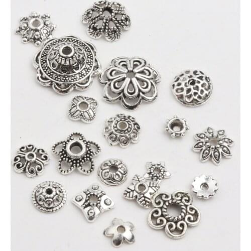 50pcs Antique Copper Sliver Bronze Gold Round Polygon Hollow Shape Metal Spacer Flower Bead Caps For Jewelry Chains Making DIY