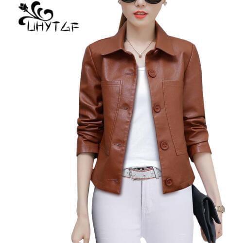 UHYTGF Leather Jacket Women Single-breasted PU Washed Leather Autumn Leather coat Solid Color Wild Slim Short tops Plus Size 827
