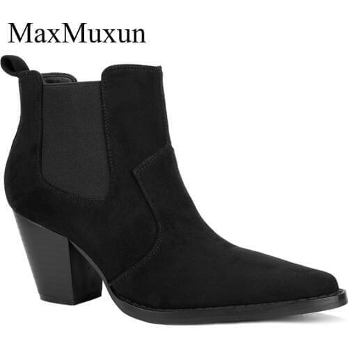 MaxMuxun New Arrival Women Pointed Toe Chelsea Booties Western Style Ankle Boots Faux Suede Thick heel Spring Autumn Shoes