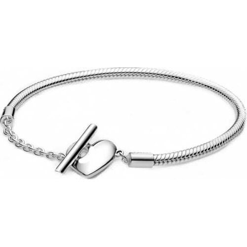 Moments Heart T-Bar Snake Chain Bracele 100% 925 Sterling Silver Bracelet Silver T-Bar Bracelet Fit European Charms Diy Jewelry