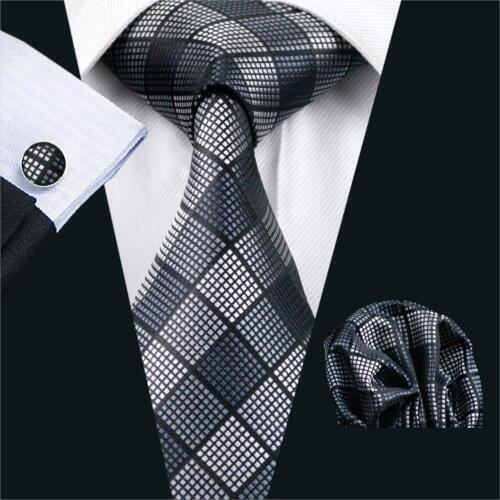 FA-1017 Barry.Wang Mens Ties Black Plaid Silk Jacquard Tie Hanky Cufflinks Set Mens Business Gift Ties For Men Free Shipping