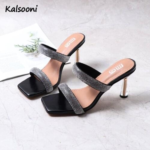 Kalsooni 2021 New SummerTransparent crystal heel High heel square toe slippers