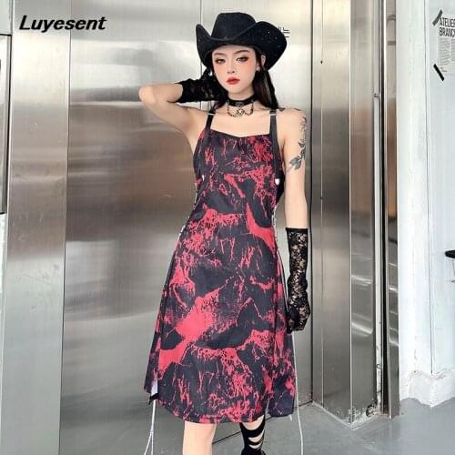 Punk Street Girl High Waist Mini Dress Lace-up Long Chains Lady Sexy Sleeveless Dresses Red Gray Blackless Strap Harajuku Cloth