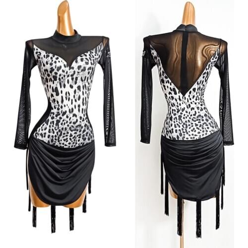 2020 Latin Dance Competition Dresses Black Long Sleeve Leopard Practice Dress Samba Tango Latin Dance Performance Wear DN7103
