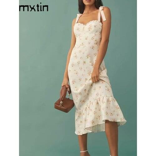 2021 Summer Women Sexy Floral Print Midi Dress Vintage Sleeveless Backless Elasticity Bow Tie Straps Party Female Dresses Vestid