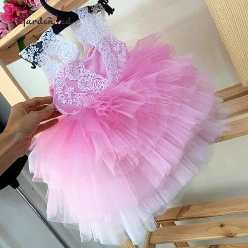 Pink Girl Party Dress Puffy First Communion Dress Knee Length Flower Girl Dress Tulle Lace Children Dress