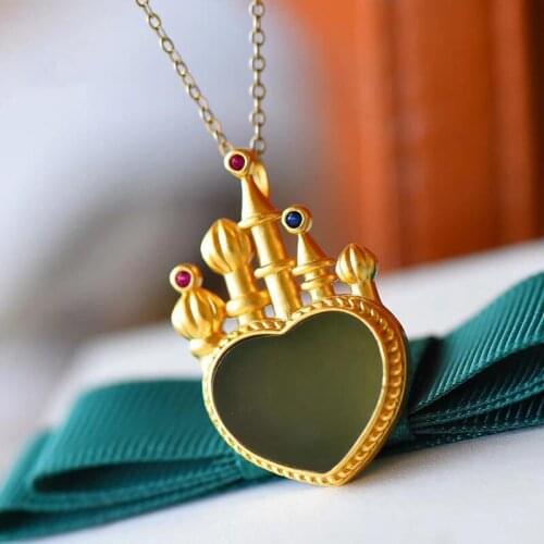 Fairy Tale Castle Necklace Hetian Jade Gray Jade Pendant Sterling Silver Clavicle Chain Creative Gift Girlfriend Girlfriends Bi
