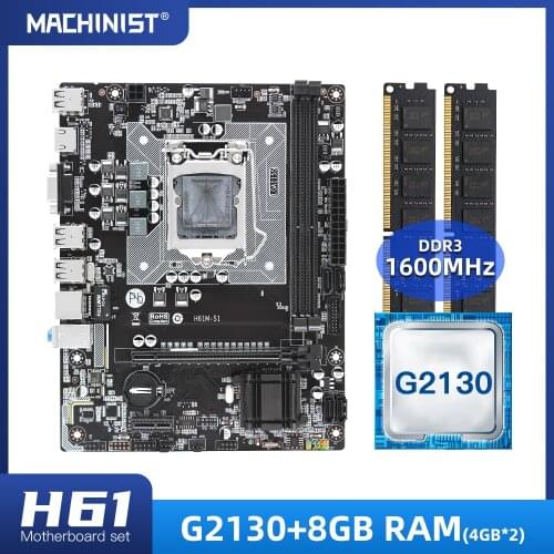 MACHINIST H61 desktop motherboard set kit with Intel G2130 LGA1155 CPU 8GB(2*4GB) DDR3 RAM Mico-ATX Integrated Graphics H61M-S1