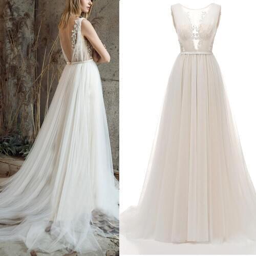 Boho Tulle Wedding Dress Sleeveless Appliqued Beads 2020 Pleated Backless Bridesmaid Bridal Gown Real photo factory price #1045